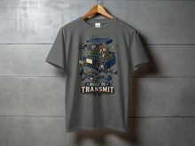 Load image into Gallery viewer, Gray t-shirt with an exploded view of a radio and text "BUILT TO TRANSMIT".
