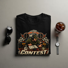 Load image into Gallery viewer, Black t-shirt with "CONTEST" and ham radio operator graphic.
