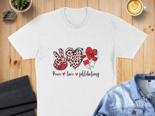 Load image into Gallery viewer, White t-shirt with "Peace love phlebotomy" design featuring peace sign, heart, and syringe.
