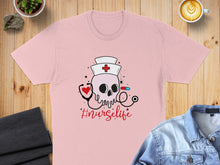 Load image into Gallery viewer, Pink t-shirt with skull nurse graphic and "#nurselife" text.
