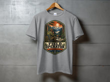 Load image into Gallery viewer, Gray t-shirt with "Field Operator Shack Optional" graphic and outdoor radio scene.
