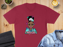 Load image into Gallery viewer, Crimson t-shirt featuring "CNA LIFE" graphic with butterflies and a woman.
