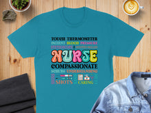 Load image into Gallery viewer, T-shirt with "NURSE" in colorful lettering and medical-themed words.
