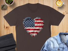Load image into Gallery viewer, Brown t-shirt featuring a distressed American flag heart graphic.
