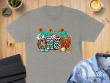 Load image into Gallery viewer, Crew text with medical elements and sunflowers on a grey t-shirt.
