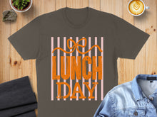 Load image into Gallery viewer, Gray t-shirt with "LUNCH DAY" text and bow graphic.
