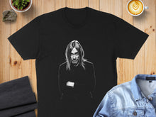 Load image into Gallery viewer, Black T-Shirt with Long-Haired Man Graphic Design
