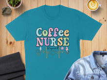 Load image into Gallery viewer, Teal t-shirt with "Coffee Nurse Repeat" text and a heartbeat line.
