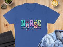 Load image into Gallery viewer, Royal blue t-shirt with colorful "Nurse Life" text and stethoscope graphic.
