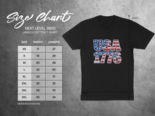 Load image into Gallery viewer, Size chart for Next Level 3600 unisex cotton t-shirt with USA 1776 graphic.
