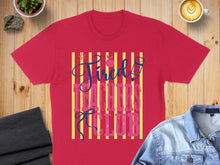 Load image into Gallery viewer, Red t-shirt with "Tired Teachers Club" text and yellow stripes.
