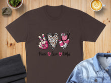 Load image into Gallery viewer, Brown t-shirt with "Peace Love CMa" and medical icons.
