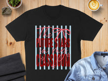 Load image into Gallery viewer, Black t-shirt with red text and blue stripes reading "The future stars in my classroom."
