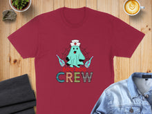 Load image into Gallery viewer, Maroon t-shirt with "Boo Crew" text, a ghost nurse, and two syringes.
