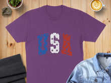 Load image into Gallery viewer, Purple t-shirt with distressed US flag stars and stripes design.
