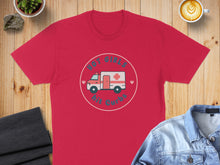 Load image into Gallery viewer, Red t-shirt with a "Hot Girls Hit Curbs" ambulance graphic.
