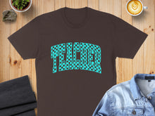 Load image into Gallery viewer, Brown t-shirt with blue checkered "TEACHER" text.
