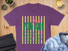 Load image into Gallery viewer, Purple t-shirt with green text "YOU ARE enough" and a pink bow.

