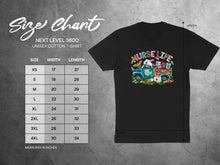 Load image into Gallery viewer, Next Level 3600 unisex t-shirt size chart with measurements.
