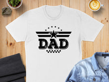 Load image into Gallery viewer, White t-shirt with black "DAD" graphic and stars.
