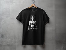 Load image into Gallery viewer, Rock Musician Meditation Design on Black T-shirt Product
