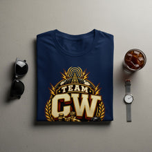 Load image into Gallery viewer, Navy t-shirt with "TEAM CW" text and broadcast tower graphic.
