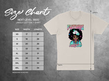 Load image into Gallery viewer, Size chart for a unisex cotton t-shirt with "Future Nurse" graphic.
