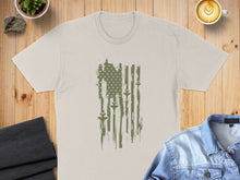 Load image into Gallery viewer, Cream t-shirt with distressed olive drab flag design featuring stars and vertical stripes.
