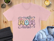 Load image into Gallery viewer, Pink t-shirt with "wife mom nurse" text in colorful block letters.
