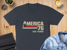 Load image into Gallery viewer, Navy t-shirt with "AMERICA '76 250 YEARS" text and distressed flag stripes.
