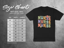 Load image into Gallery viewer, Size chart for Next Level 3600 unisex cotton t-shirt with measurements in inches.
