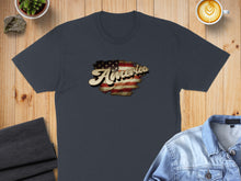 Load image into Gallery viewer, Dark gray t-shirt with distressed American flag graphic and "America" text.
