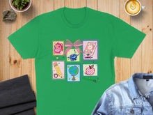 Load image into Gallery viewer, Green t-shirt with colorful school supply illustrations and the text "Back to School".
