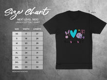 Load image into Gallery viewer, Next Level 3600 unisex t-shirt size chart with measurements in inches.
