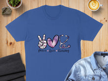 Load image into Gallery viewer, Purple t-shirt with "Peace Love Nursing" and stethoscope in pink hearts.
