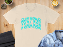 Load image into Gallery viewer, Cream t-shirt with "TEACHER" text in a checkered pattern.
