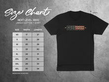 Load image into Gallery viewer, Next Level 3600 t-shirt size chart with dimensions in inches.
