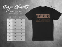 Load image into Gallery viewer, Next Level 3600 unisex t-shirt size chart with measurements for width and length.
