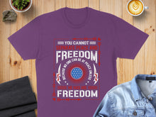 Load image into Gallery viewer, Purple t-shirt with "Freedom" text and patriotic graphic.
