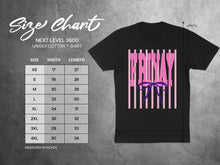 Load image into Gallery viewer, Size chart for a Next Level 3600 unisex cotton t-shirt with "PINAY" text.
