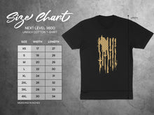 Load image into Gallery viewer, Next Level 3600 unisex cotton t-shirt size chart with measurements in inches.
