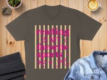 Load image into Gallery viewer, T-shirt with pink text reading "Reading is My Favorite Sport" on striped background.

