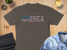 Load image into Gallery viewer, Brown t-shirt with "AMERICA EST. 1976" in red, white, and blue text.
