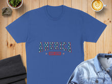 Load image into Gallery viewer, Blue t-shirt with "AMERICA" text in red, white, and blue stars and stripes.
