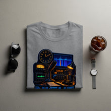 Load image into Gallery viewer, Grey t-shirt with vintage radio equipment graphic featuring clock, microphone, and radio receiver.
