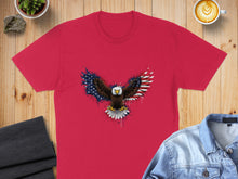 Load image into Gallery viewer, Red t-shirt with eagle and American flag wings design.
