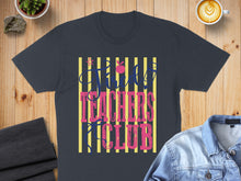 Load image into Gallery viewer, "The Cool Teachers Club" text on a navy t-shirt with yellow and pink stripes.
