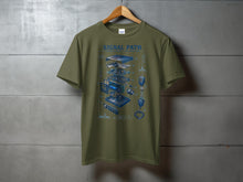Load image into Gallery viewer, Olive green t-shirt with an exploded view diagram of amateur radio equipment titled "SIGNAL PATH".
