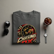 Load image into Gallery viewer, Gray t-shirt with "Chasing DX" graphic featuring a globe and speedometer.
