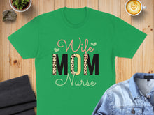 Load image into Gallery viewer, Green t-shirt with "Wife Mom Nurse" text and leopard print detail.
